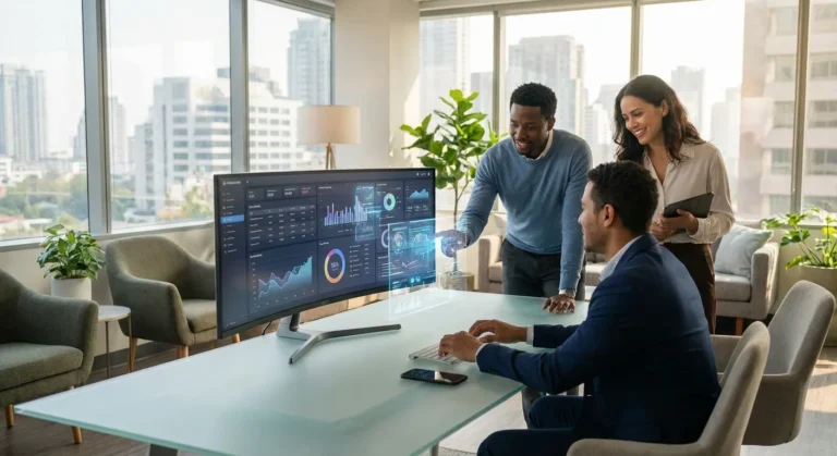 Três pessoas em escritório moderno analisando dados em tela grande, com gráficos e projeções.