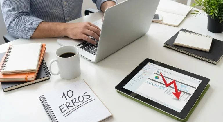 Mesa com laptop, tablet mostrando gráfico em queda, caderno com anotações e caneca de café.