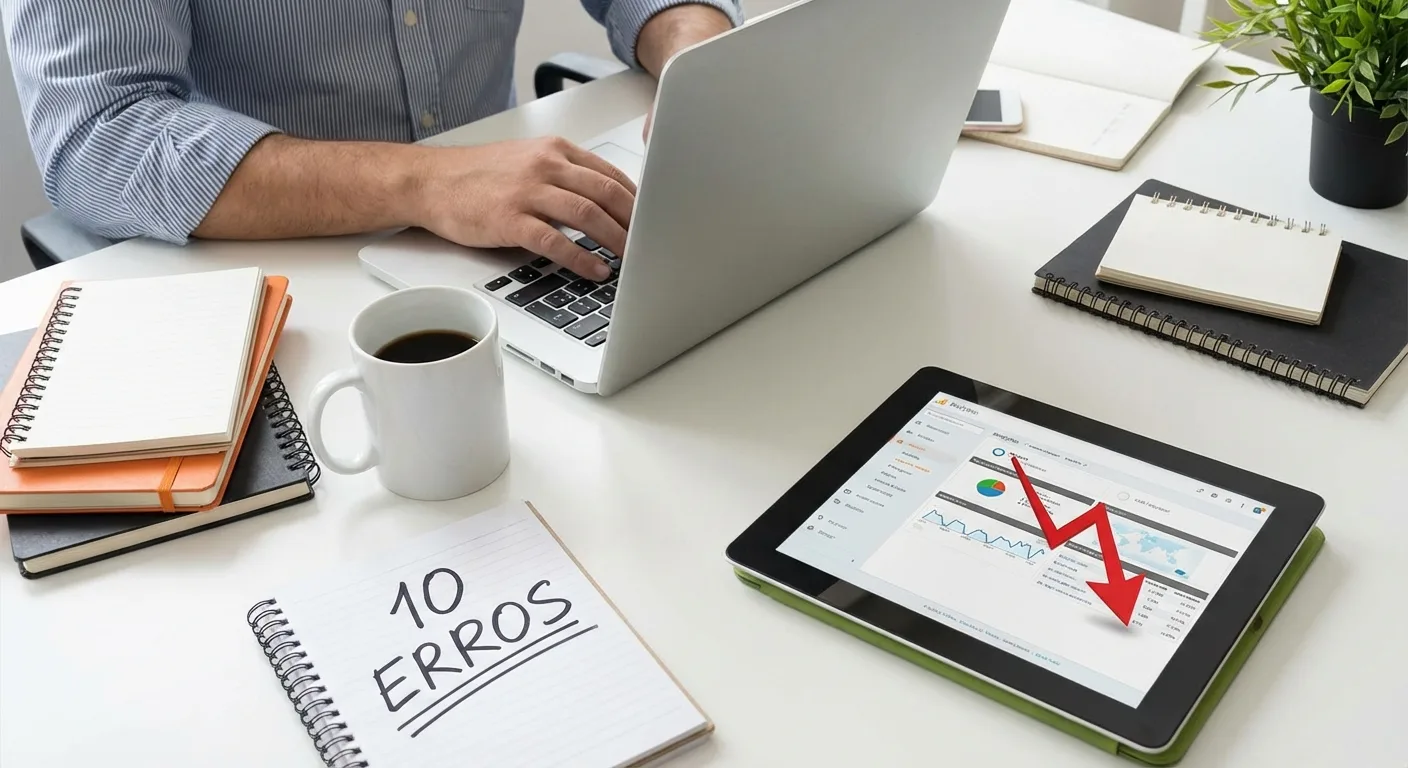 Mesa com laptop, tablet mostrando gráfico em queda, caderno com anotações e caneca de café.