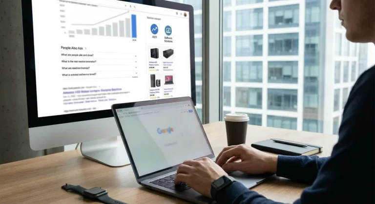 Pessoa digitando em laptop com gráfico em tela de computador ao fundo, em ambiente de escritório moderno.