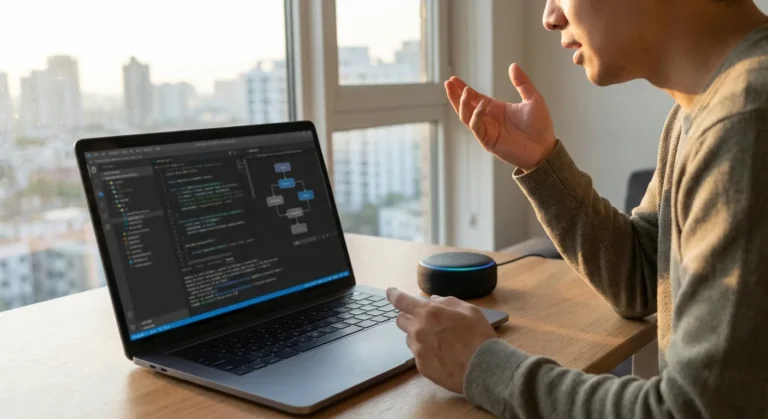 Homem falando próximo a um laptop com código na tela e um dispositivo de voz ao lado, em ambiente urbano.