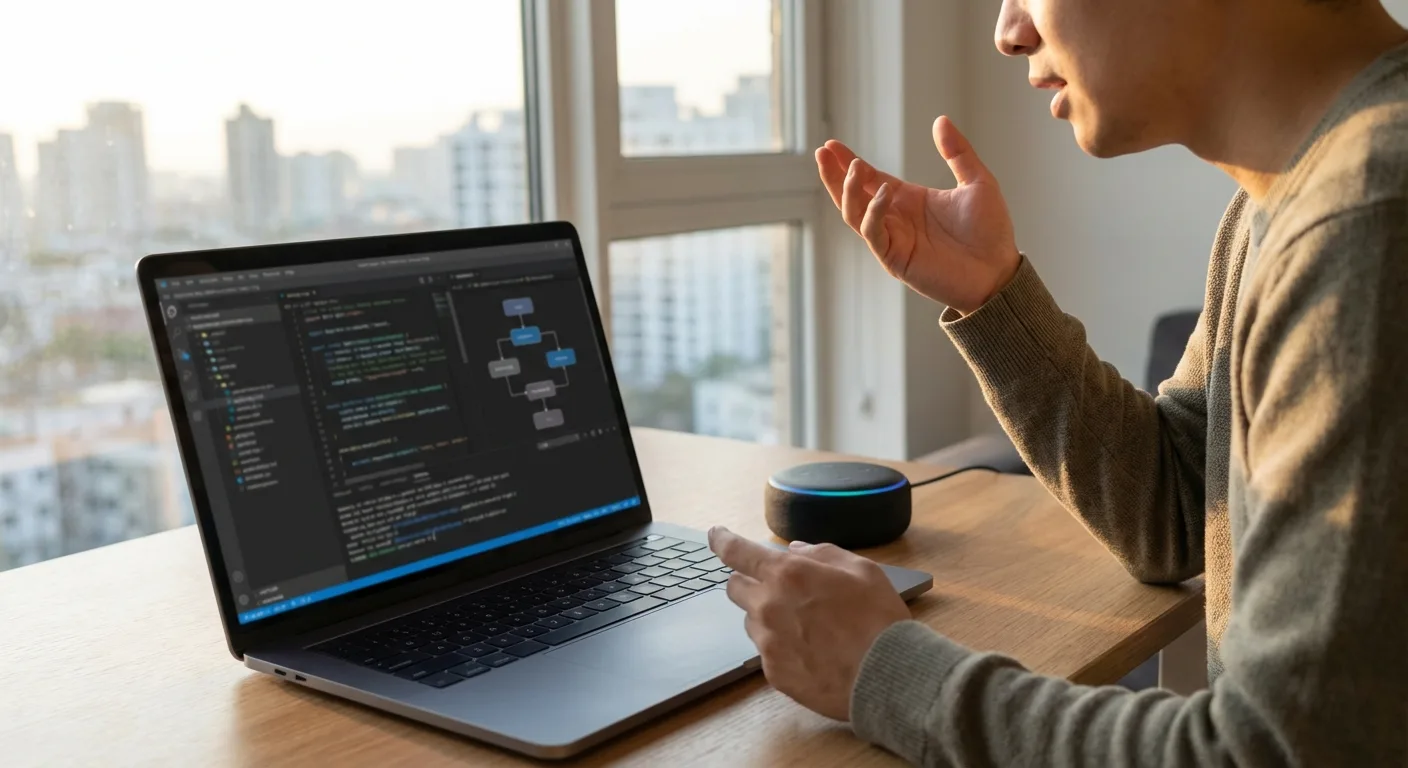 Homem falando próximo a um laptop com código na tela e um dispositivo de voz ao lado, em ambiente urbano.