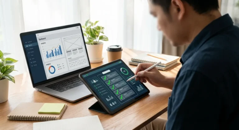 Homem analisando dados em tablet, com laptop, caderno e plantas em mesa iluminada por luz natural.