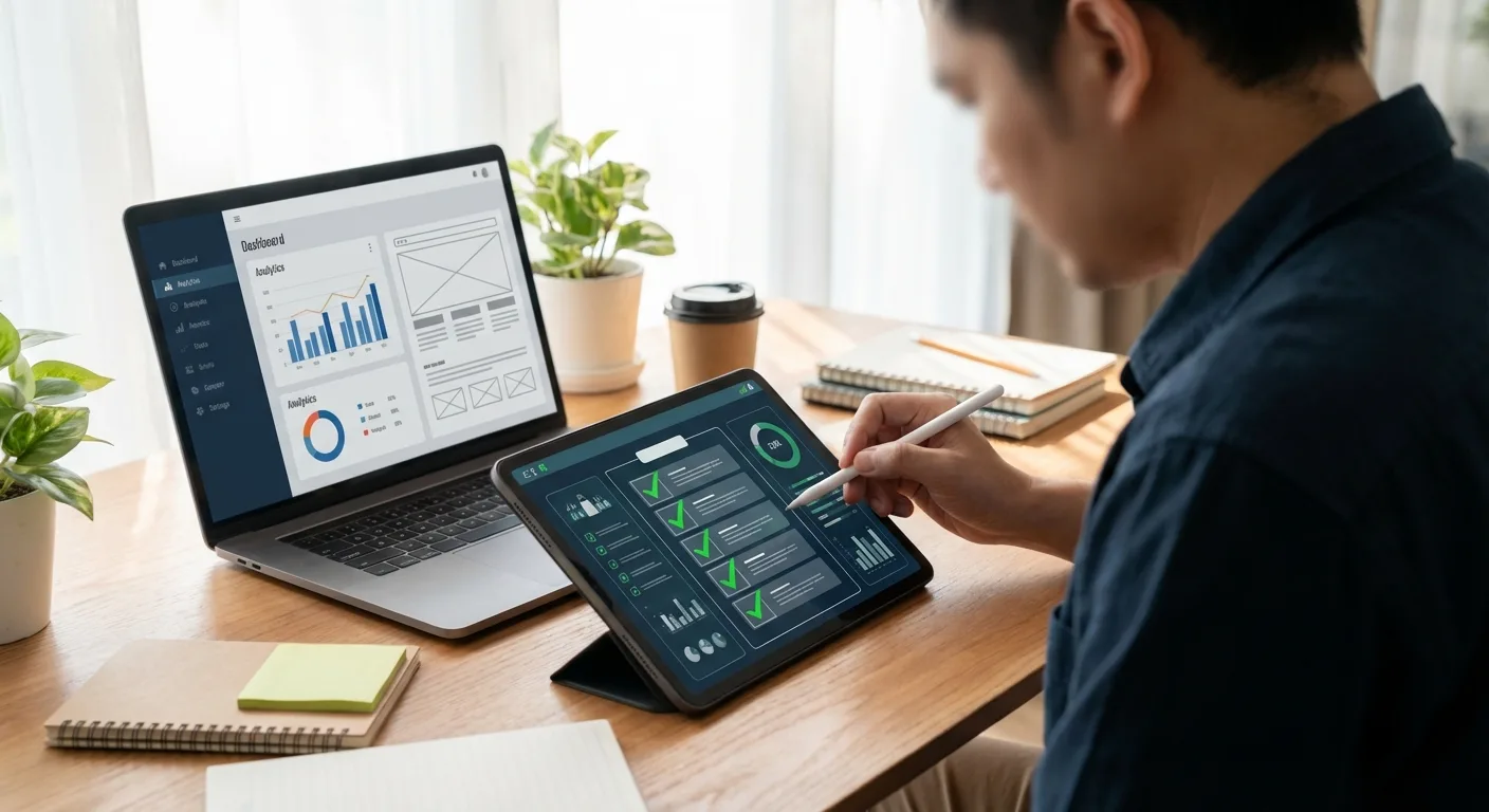 Homem analisando dados em tablet, com laptop, caderno e plantas em mesa iluminada por luz natural.