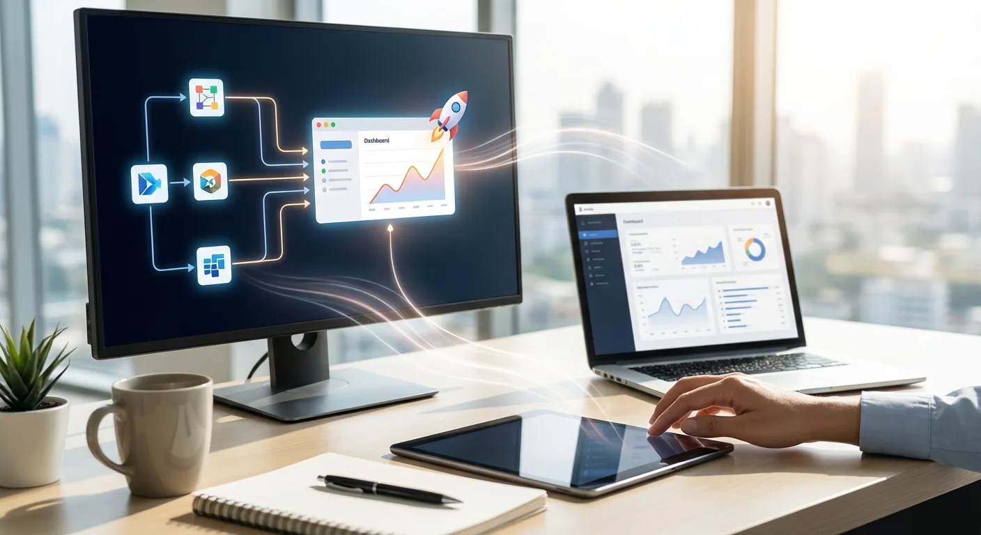 Tela de computador com gráficos de automação, laptop e mão interagindo com tablet em mesa de trabalho.