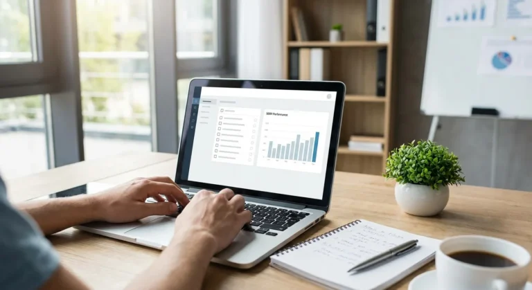 Pessoa digitando em laptop sobre mesa de madeira, com gráficos e anotações ao fundo.