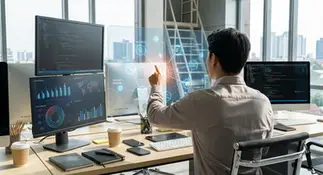 Homem em escritório moderno interagindo com telas de computador, gráficos e dispositivos móveis ao redor.