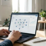 Pessoa usando laptop em mesa, gráfico e rede de links na tela, planta decorativa ao fundo.