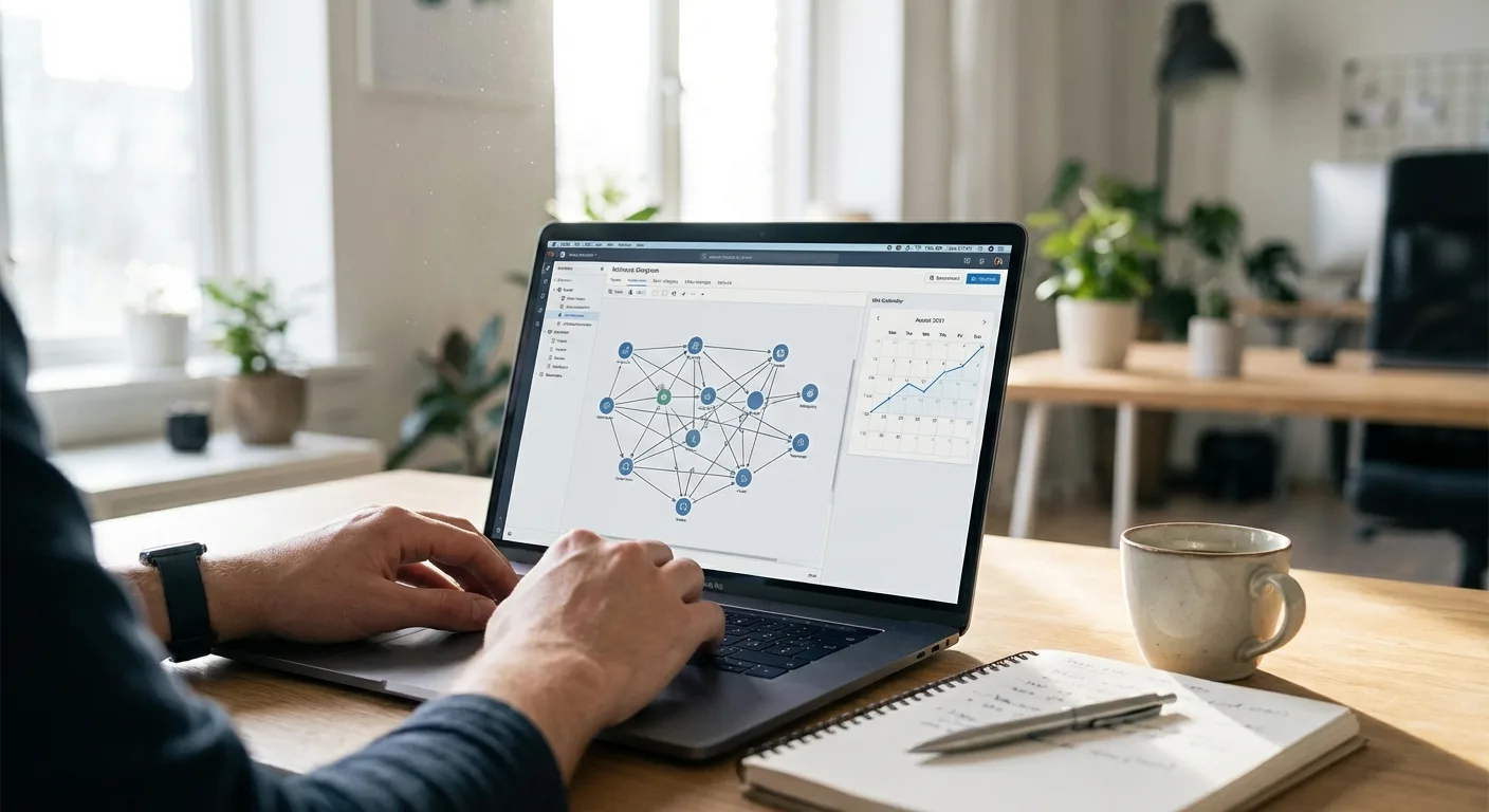 Pessoa usando laptop em mesa, gráfico e rede de links na tela, planta decorativa ao fundo.
