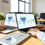 Dois laptops e um tablet em mesa de trabalho, com gráficos de funil de vendas e plantas decorativas ao fundo.