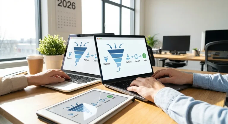 Dois laptops e um tablet em mesa de trabalho, com gráficos de funil de vendas e plantas decorativas ao fundo.