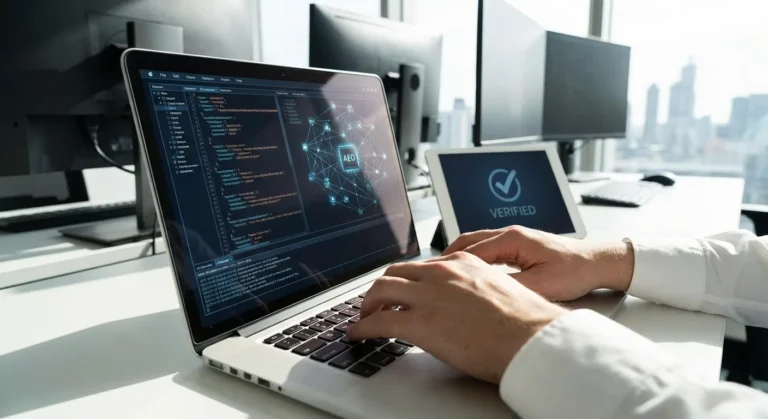 Laptop com código na tela, mãos digitando, fundo de escritório moderno com computadores.