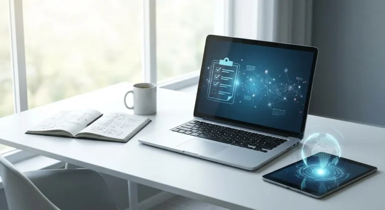 Mesa com laptop, tablet e caneca, exibindo gráficos e checklist em tela. Luz natural entrando pela janela.