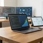 Mesa de trabalho com laptop, tablet e gráficos em telas, ambiente de escritório iluminado.