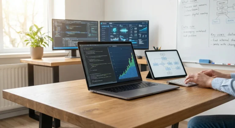 Mesa de trabalho com laptop, tablet e gráficos em telas, ambiente de escritório iluminado.
