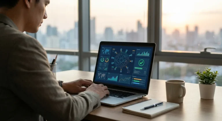 Homem trabalhando em laptop com gráficos e dados, vista da cidade ao fundo, caneca e caderno na mesa.