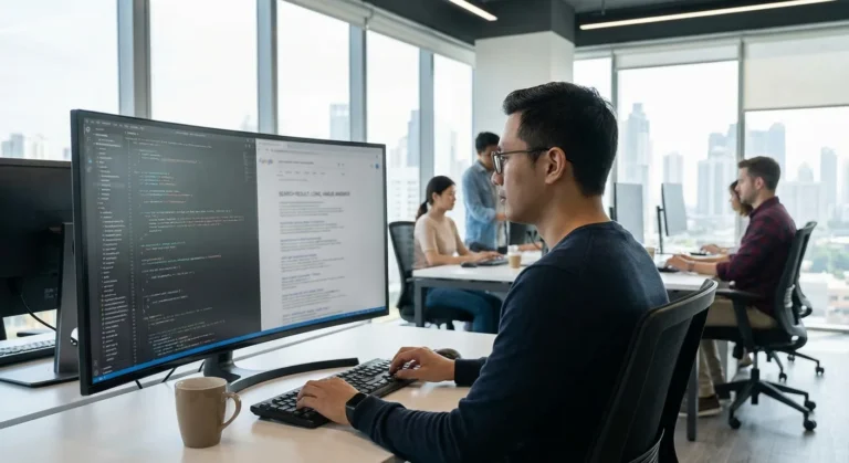 Homem trabalhando em computador com tela grande, código visível, ambiente de escritório moderno e pessoas ao fundo.