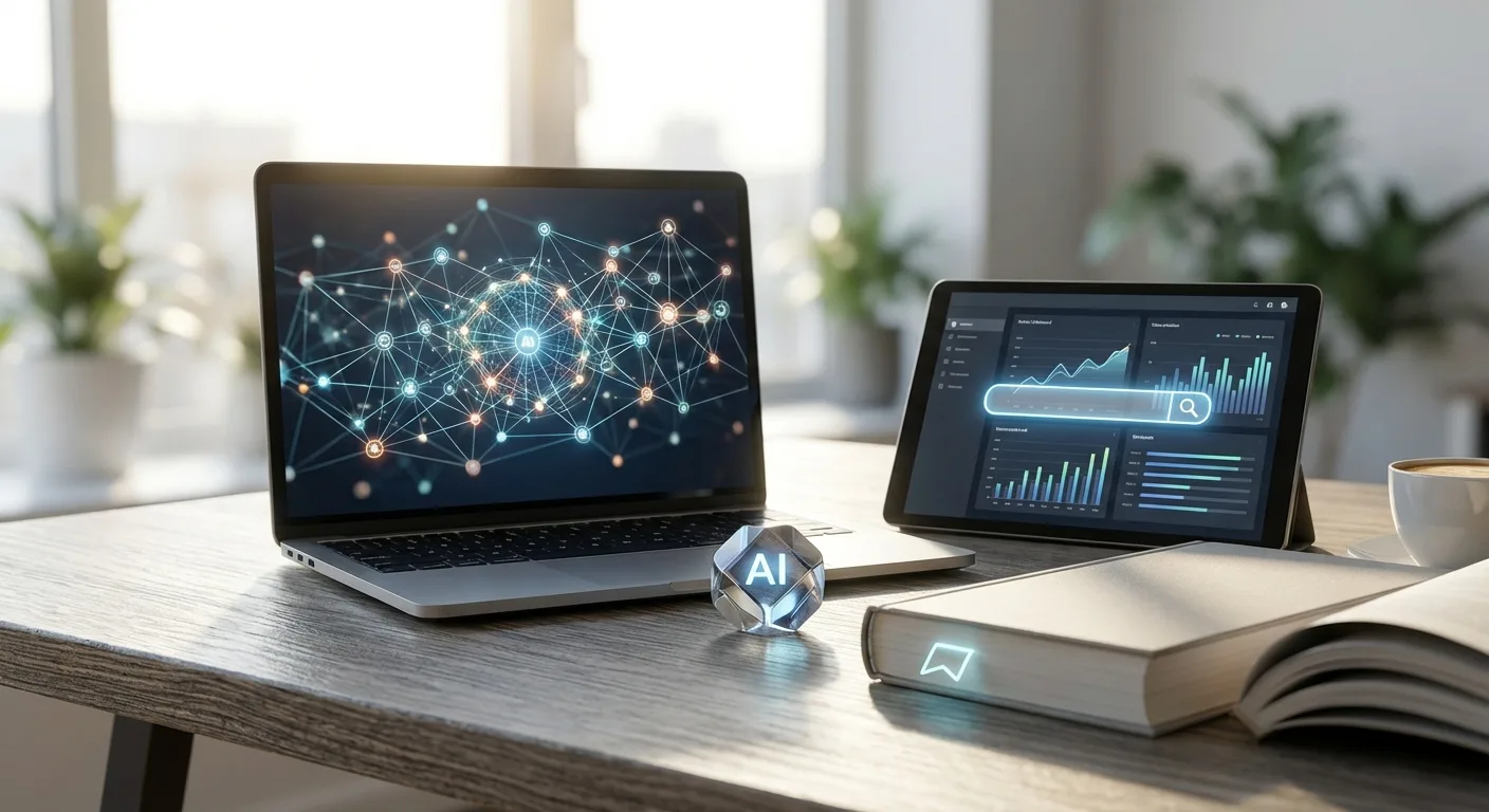 Laptop e tablet exibindo gráficos e dados sobre IA, com um objeto em forma de cubo ao lado.