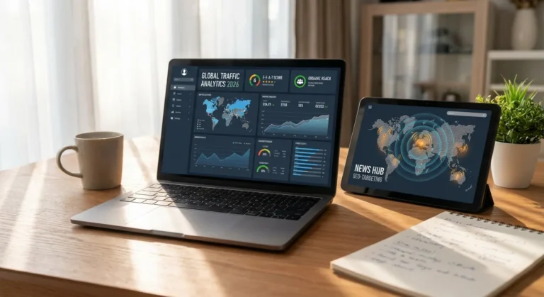 Laptop e tablet exibindo gráficos de análise de tráfego, com caneca e bloco de notas sobre mesa de madeira.