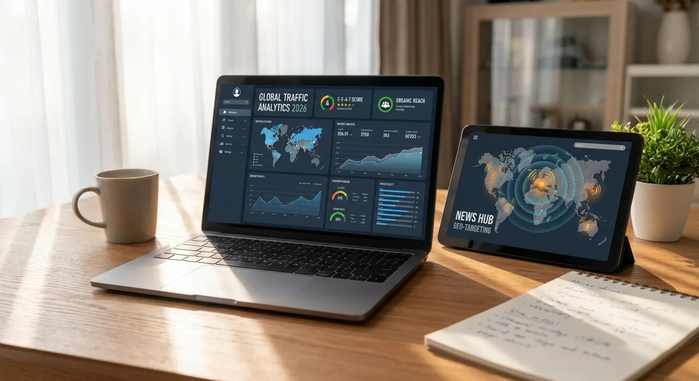 Laptop e tablet exibindo gráficos de análise de tráfego, com caneca e bloco de notas sobre mesa de madeira.