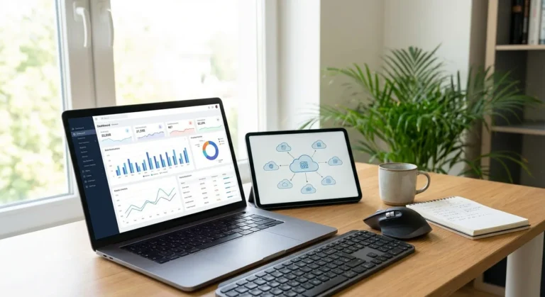 Laptop e tablet exibindo gráficos de dados em mesa de madeira, com caneca e caderno ao fundo.