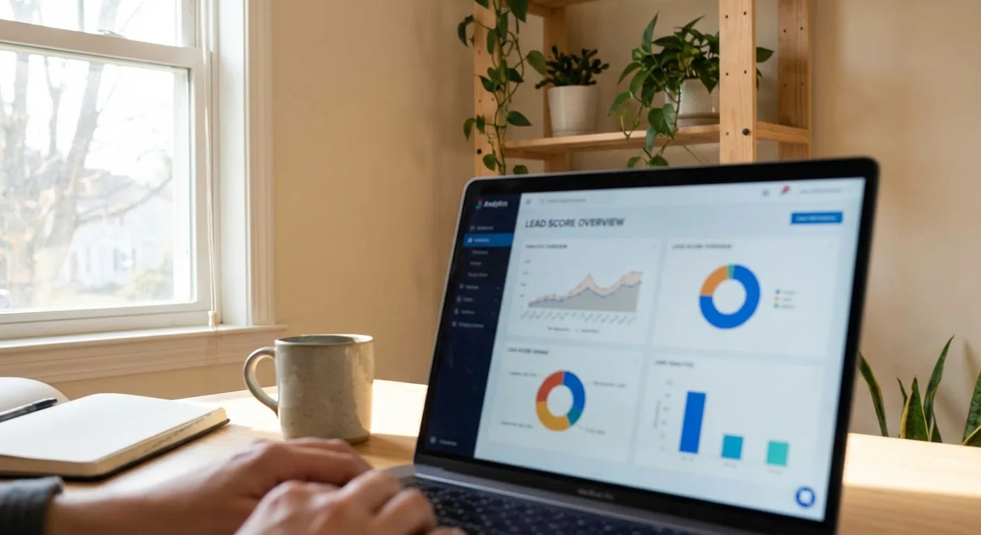 Tela de laptop exibindo gráficos de lead scoring, com planta ao fundo e caneca sobre mesa de madeira.