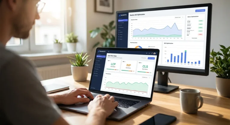 Homem trabalhando em laptop com gráficos de desempenho em tela grande ao fundo, ambiente claro e plantas decorativas.