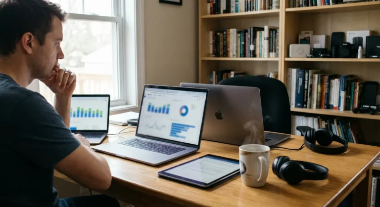 Homem pensativo em mesa com laptops, tablet, caneca de café e fones, rodeado por estantes de livros.