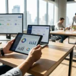 Pessoa segurando tablet com gráficos em ambiente de escritório moderno, com computadores e equipe ao fundo.