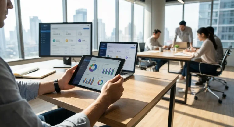 Pessoa segurando tablet com gráficos em ambiente de escritório moderno, com computadores e equipe ao fundo.