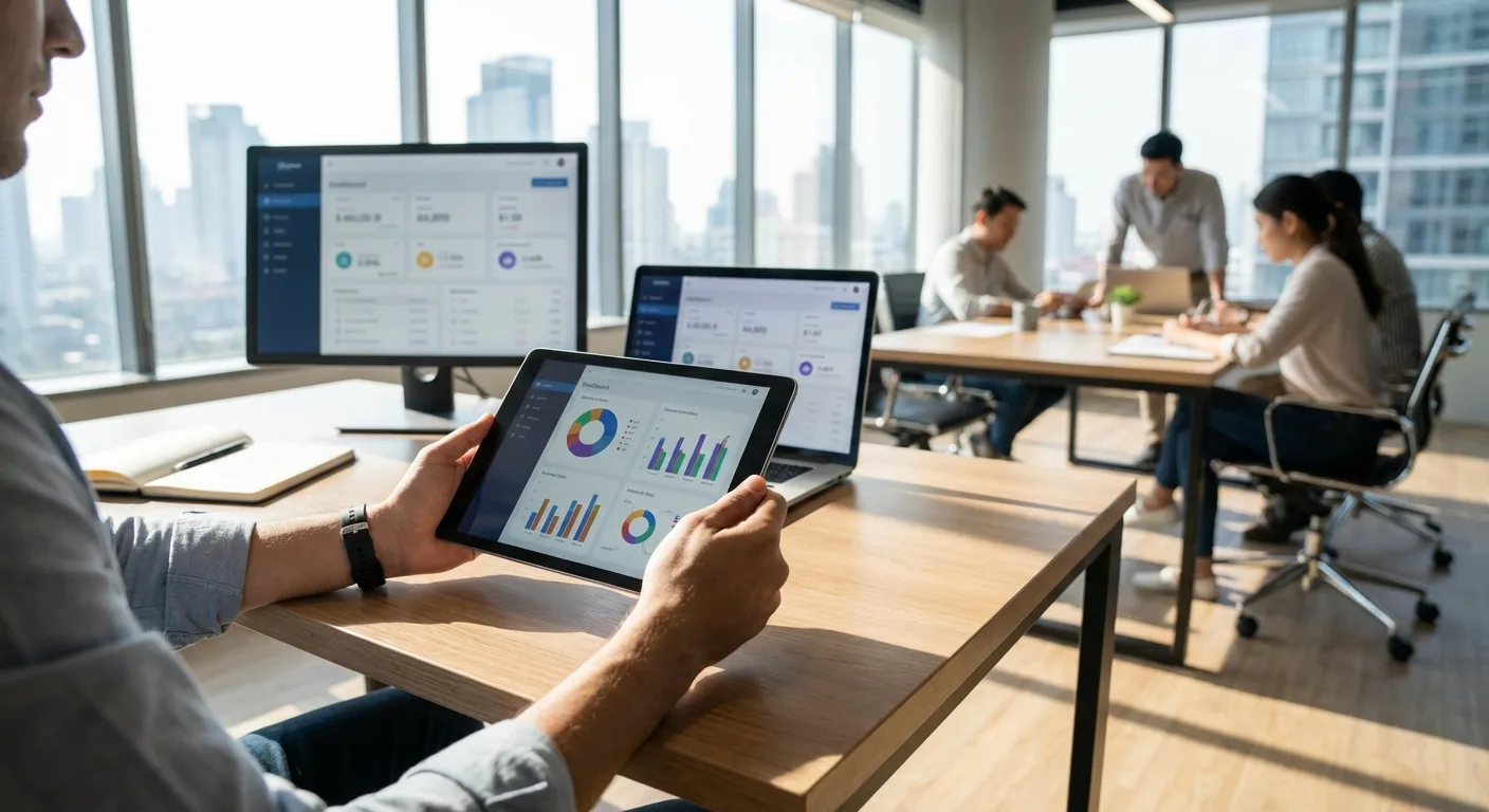 Pessoa segurando tablet com gráficos em ambiente de escritório moderno, com computadores e equipe ao fundo.