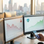 Pessoas em escritório com monitores exibindo gráficos de queda e crescimento, alguém segurando um celular.