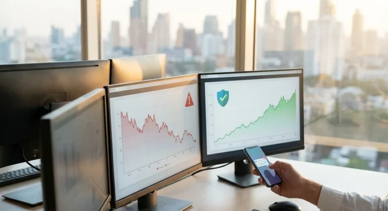 Pessoas em escritório com monitores exibindo gráficos de queda e crescimento, alguém segurando um celular.