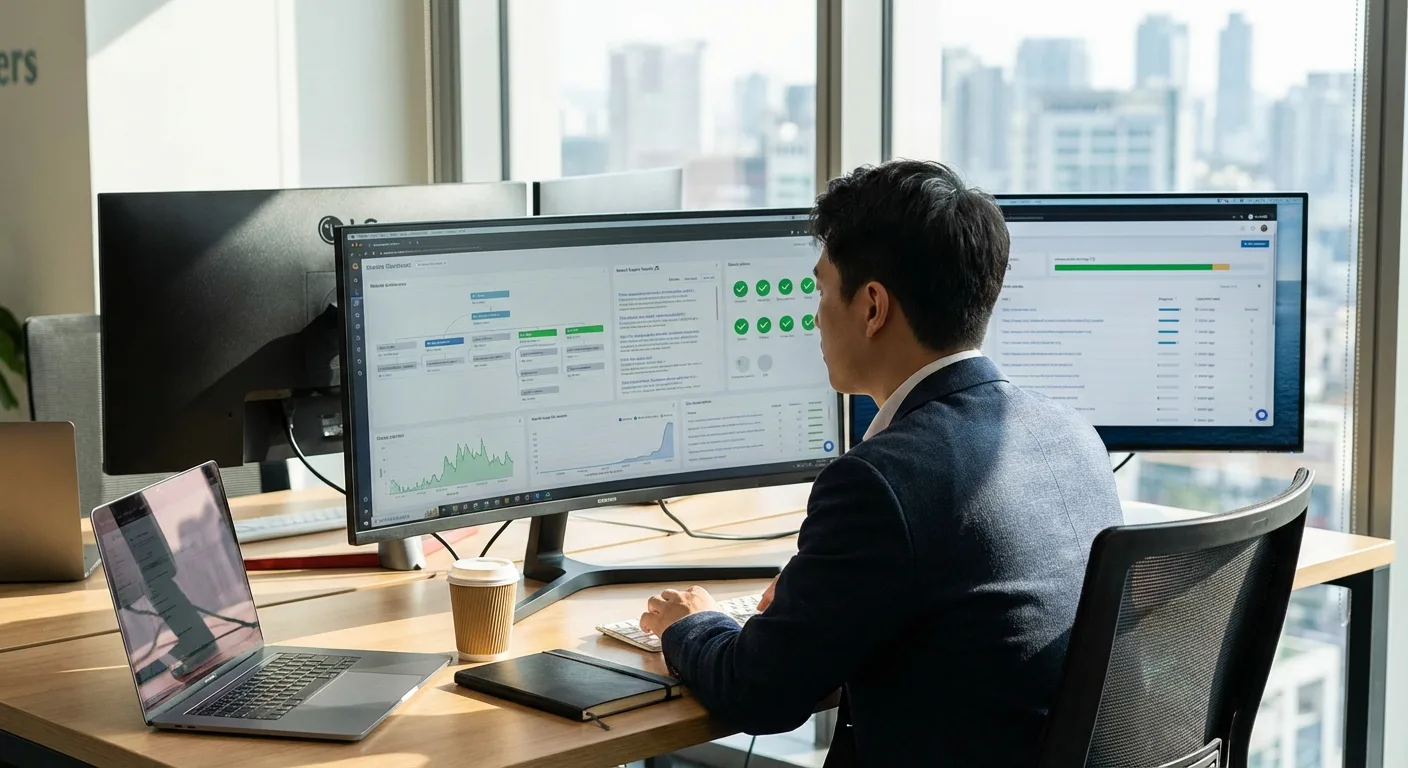 Homem de terno trabalhando em mesa com dois monitores, laptop e copo de café, em ambiente de escritório moderno.