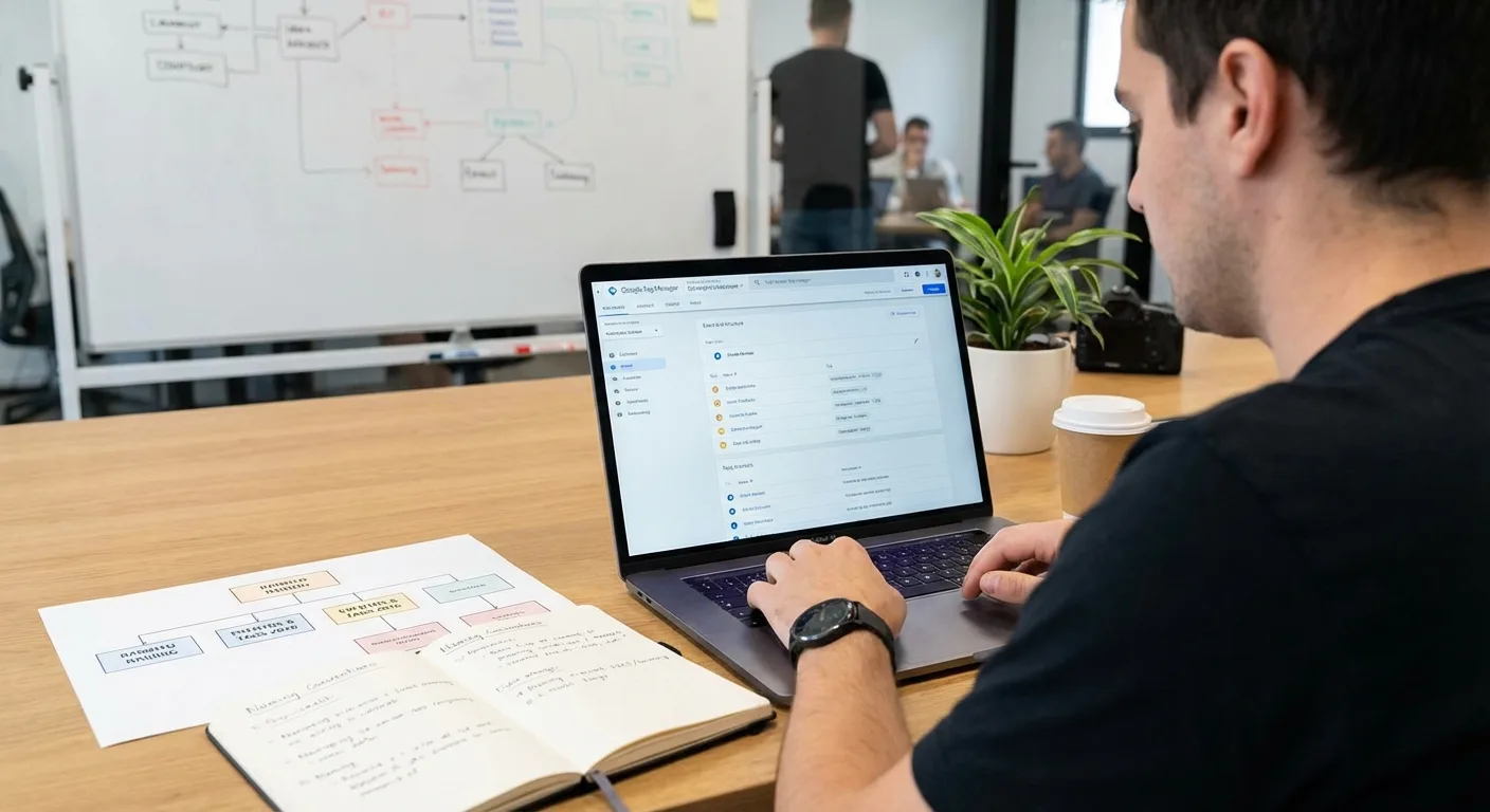 Homem trabalhando em laptop em mesa, com caderno e planta ao fundo, em ambiente de escritório moderno.