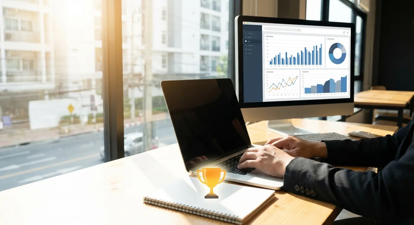 Homem trabalhando em laptop com gráficos em tela, troféu em destaque sobre mesa de madeira.