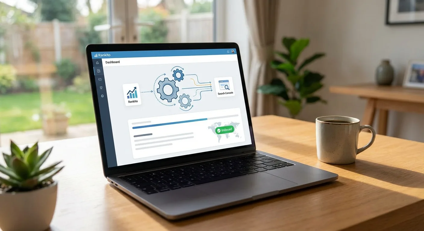 Laptop aberto com interface do Rankito, gráficos e engrenagens, ao lado de uma planta e uma xícara em mesa de madeira.