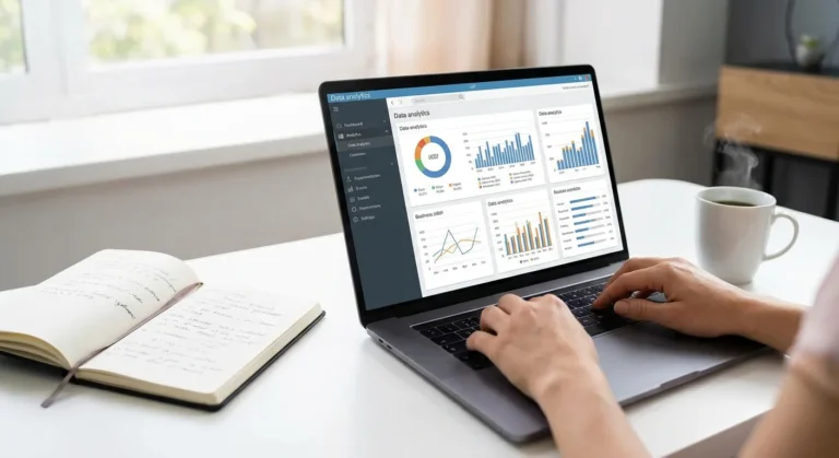 Pessoa digitando em laptop com gráficos e dados na tela, xícara de café e caderno ao lado.