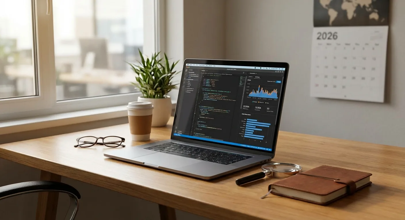 Laptop aberto com código, xícara de café, óculos e caderno sobre mesa de madeira, planta ao fundo e calendário na parede.
