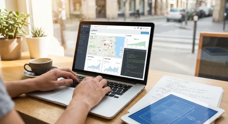 Pessoa digitando em laptop com mapa e gráficos, café ao lado, em ambiente de escritório iluminado.