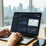 Pessoa digitando em laptop com gráficos e mapa na tela, xícara e celular ao lado, vista da cidade ao fundo.