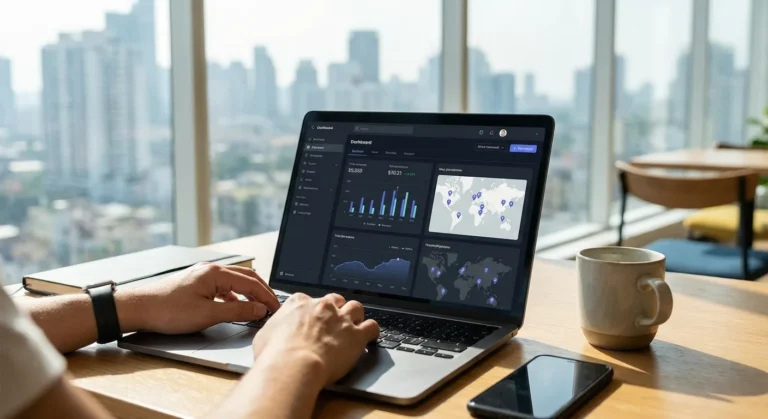 Pessoa digitando em laptop com gráficos e mapa na tela, xícara e celular ao lado, vista da cidade ao fundo.