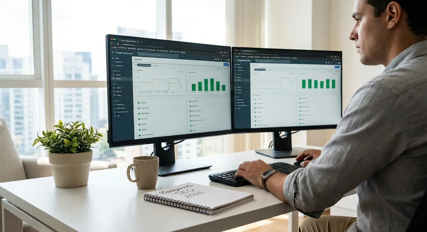 Homem trabalhando em mesa com dois monitores exibindo gráficos e dados, planta em vaso ao lado e caderno na mesa.