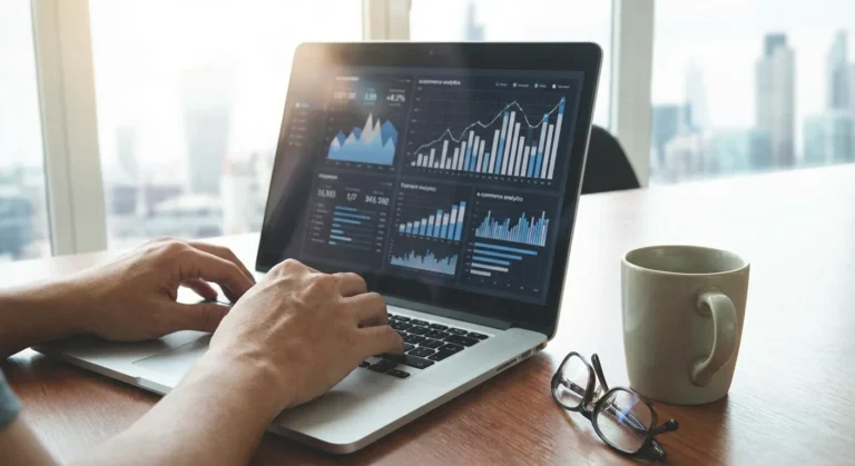 Mãos digitando em laptop com gráficos de vendas, xícara de café e óculos sobre mesa de madeira.