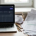 Laptop com tela de software SEO, caneca e papéis com planilhas e anotações sobre SEO em uma mesa.