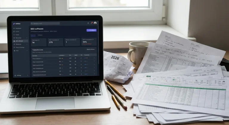 Laptop com tela de software SEO, caneca e papéis com planilhas e anotações sobre SEO em uma mesa.