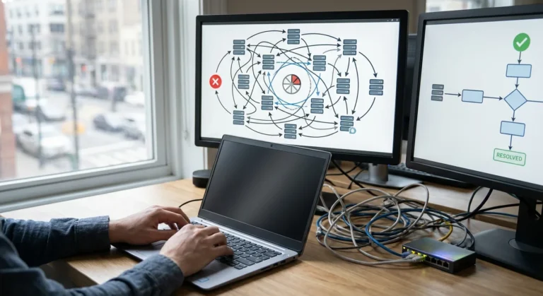 Pessoa digitando em laptop com dois monitores exibindo diagramas e gráficos, em ambiente de escritório iluminado.