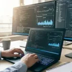 Pessoa digitando em laptop com dois monitores exibindo códigos e gráficos, xícara de café ao lado.