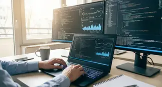 Pessoa digitando em laptop com dois monitores exibindo códigos e gráficos, xícara de café ao lado.