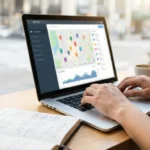 Pessoa digitando em laptop com mapa e gráficos na tela, xícara de café ao lado e caderno aberto.